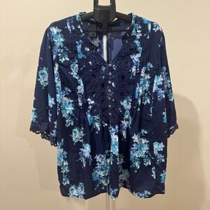 Women's Boho Floral Lace Crochet Trim Blue Tunic Shirt Size 24W Coastal  Casual